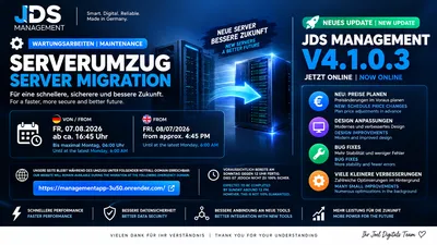 Wartungsarbeiten & Update: Serverumzug sowie JDS Management V4.1.0.3 veröffentlicht
