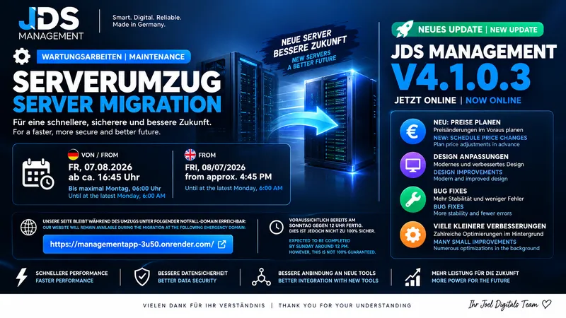Wartungsarbeiten & Update: Serverumzug sowie JDS Management V4.1.0.3 veröffentlicht