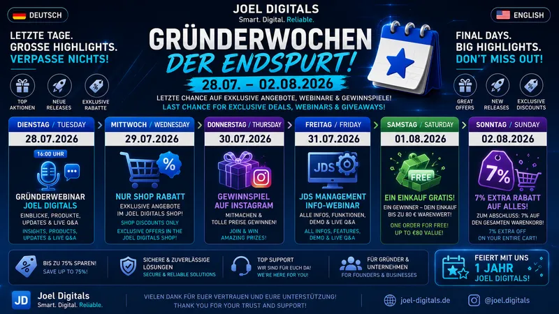Joel Digitals Gründerwochen – Der Endspurt (28.07. – 02.08.2026)