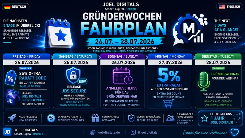 Joel Digitals Gründerwochen – Fahrplan (24.07. – 28.07.2026)