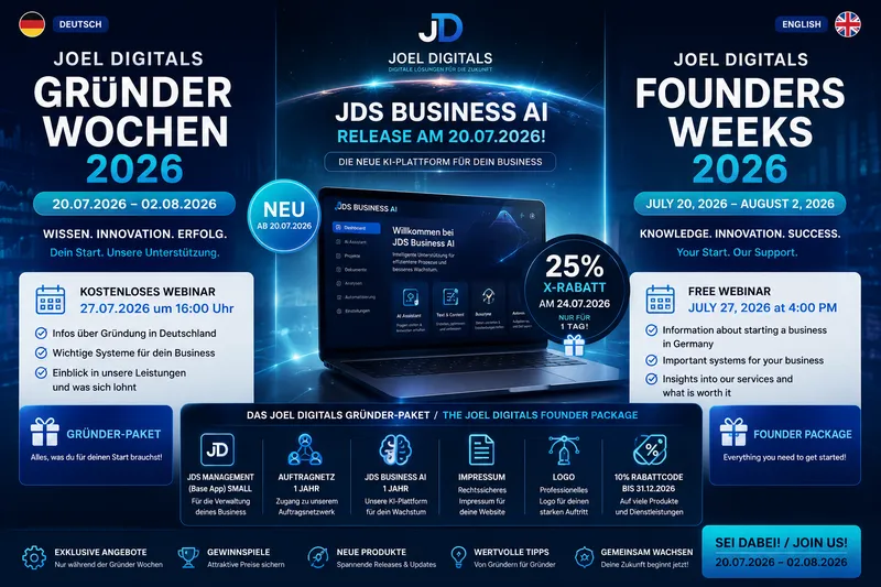 Joel Digitals Gründer Wochen 2026 – Wissen, Innovation und exklusive Angebote für Gründerinnen und Gründer