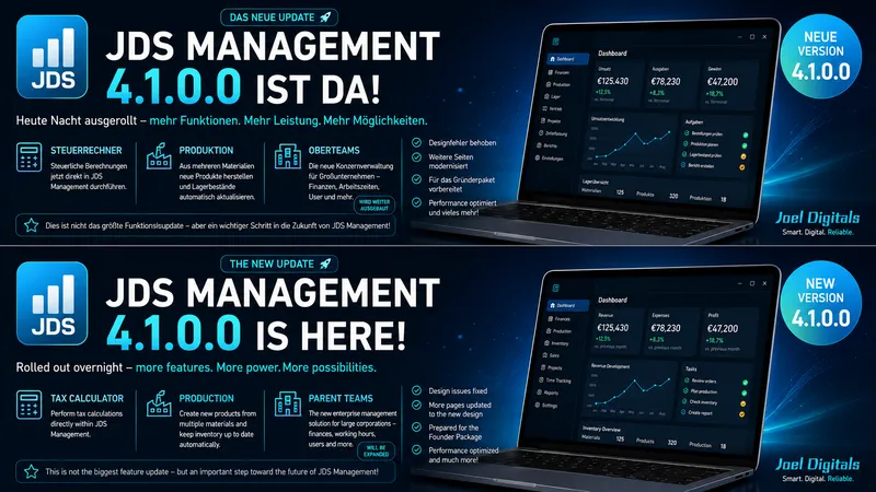 JDS Management 4.1.0.0 veröffentlicht – Neue Funktionen für Produktion, Steuern und Unternehmensverwaltung