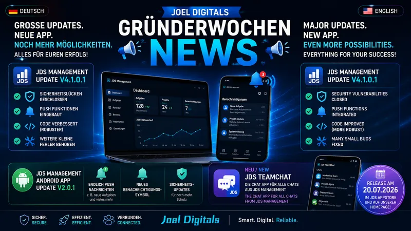 Joel Digitals Gründerwochen News – JDS Management 4.1.0.1, Android App 2.0.1 und JDS TeamChat angekündigt